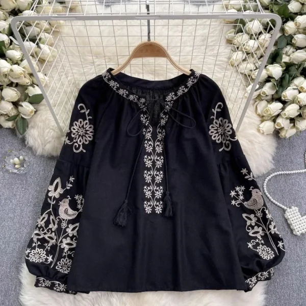 Neploe Vintage Heavy Embroidery Shirts Women Y2k Lace Up O-neck Tassel Blusas Mujer 2025 Spring New Long Sleeve Loose Blouses - Imagen 3