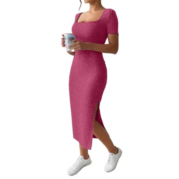 Summer Square Neck, Hip-Hugging Mid-Length Skirt, Short-Sleeved, Versatile Knitted Slit Dress - Imagen 5