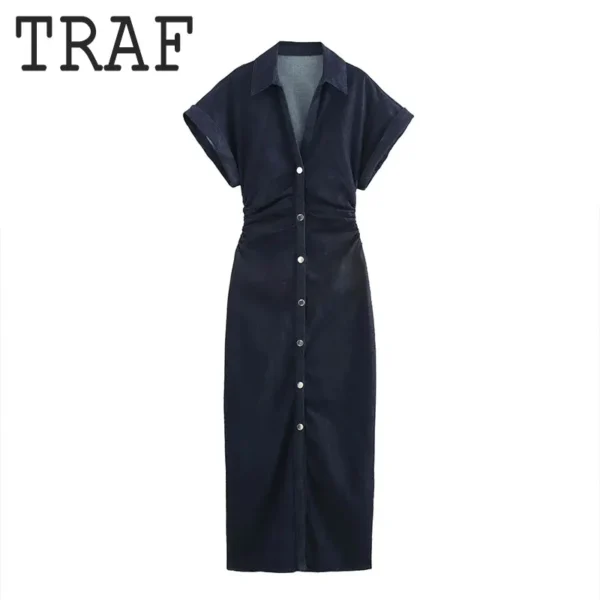 TRAF Pleated Single Breasted Denim Dress Women Fashion Short Sleeve Elegant Dresses 2025 Lady Chic Commute Casual Midi Dress ﻿ - Imagen 3