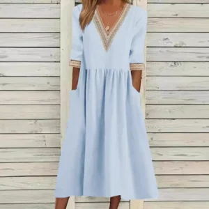 Elegant Women's Cotton Dress Spring Summer 2025 Loose Cotton Hemp Lace Collar 5/4 Sleeve Midi Dress vestidos de mujer casuales