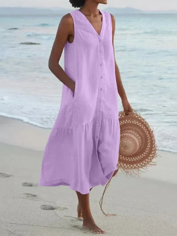 Summer Loose Casual Patchwork Cotton Linen Pocktes Dress V Neck Beach Style Dress Sleeveless Vintage Club Midi Solid Women Dress - Image 3