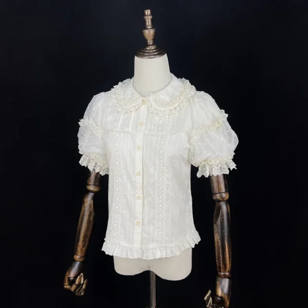Japanese Lolita Style Blouses Sweet Girls Kawaii Lace Peter Pan Collar Short Sleeve Shirts Women Inside Top Vintage Blusas Mujer - Imagen 6