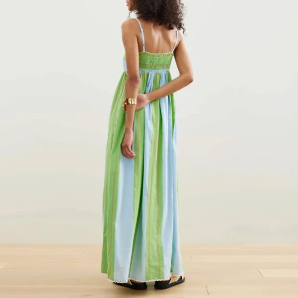 Combhasaki Women Summer Striped Adjustable Thin Spaghetti Straps Ric-Rac Trim Flowy Beachwear A-line Slip Cami Pocket Long Dress - Imagen 4