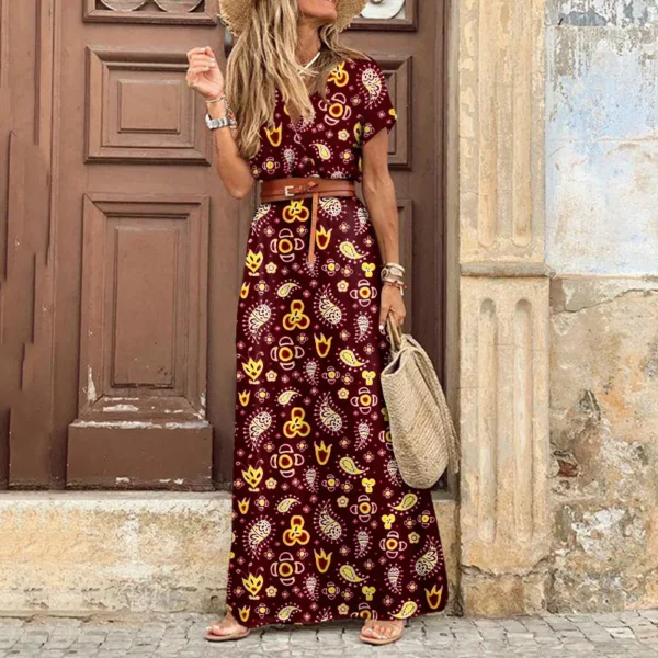 2024 Summer Bohemian Women's Long Dress V Neck Short Sleeve Floral Printed Beach Elegant Vintage Dress with Belt - Imagen 6