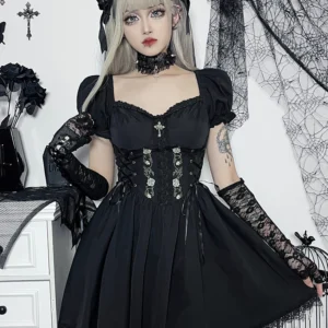 AltGoth Vintage Gothic Princess Dress Women Dark Harajuku Lace Up Cross Corset Dress Streetwear Partywear Lolita Dress Female
