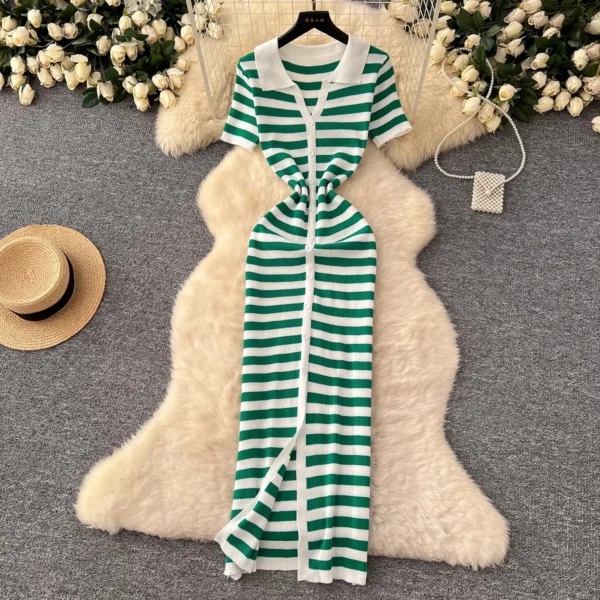 YuooMuoo Chic Fashion Sexy Wrap Hips Knitted Maxi Dress 2025 Summer Women Single-breasted Stripes Sweater Dress Streetwear Robes
