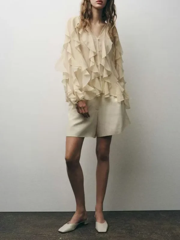 2025 Summer Sexy Women's Translucent Ruffles Blouses Fashion V-neck Single Breasted Tierred Causal Tops Beach Style Solid Shirts - Imagen 2