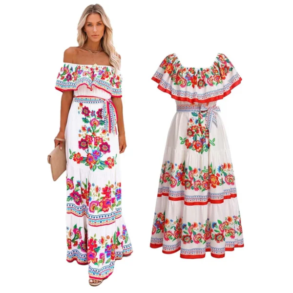 Mexican Traditional Ethnic Mexican Cinco De Mayo Summer Floral Print Off Shoulder Women Mexican Dress - Imagen 4