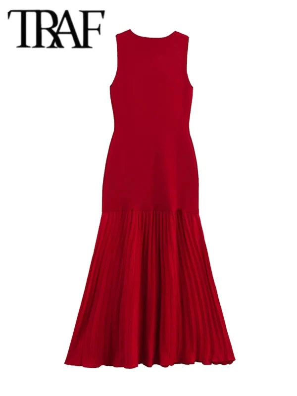 TRAF Spring Summer New Women's Dress Pleated Patchwork Simple Temperament Knitted Sleeveless Long Dresses for Women 2025 - Imagen 3