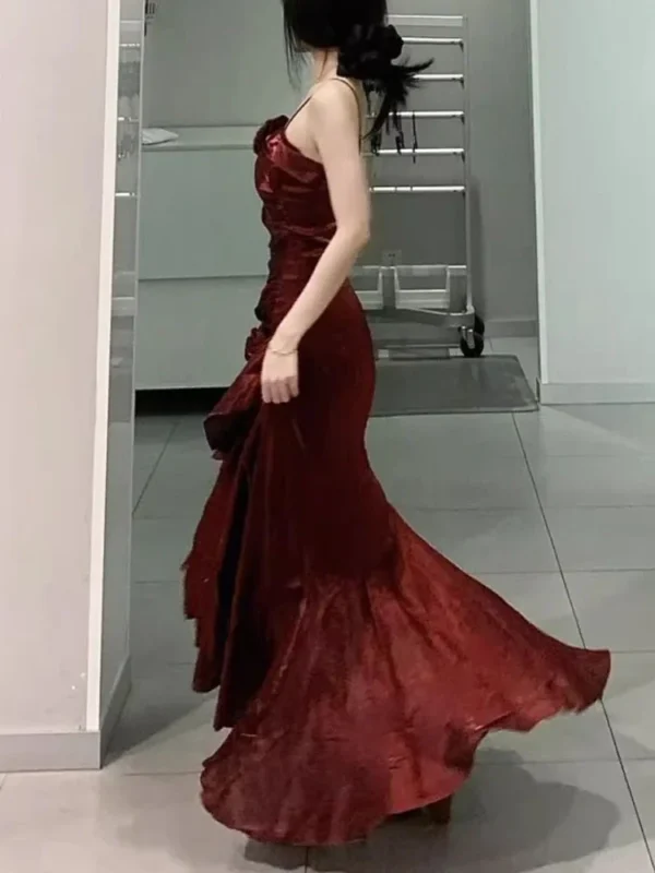Korean Vintage Velvet Long Dress Women Luxury Slim Mermaid Spaghetti Strap Floral Dress Elegant Sexy Casual Evening Party Dress - Imagen 2