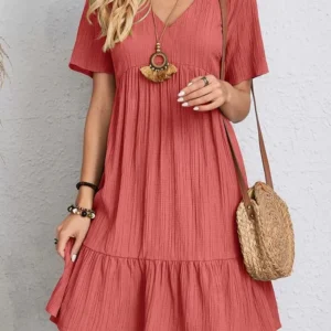 2025 Loose V-neck Short Sleeved Pleated Women Dress Solid Color A-line Beach Dresses Elegant Simple Comfortable Woman Clothing
