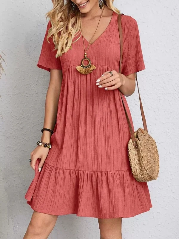 2025 Loose V-neck Short Sleeved Pleated Women Dress Solid Color A-line Beach Dresses Elegant Simple Comfortable Woman Clothing