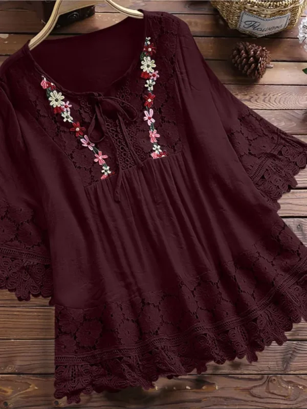 Summer Women Casual New Solid Shirt Tops Cotton And Linen Stitching Lace Flower V-neck Loose Top Blouse Elegant Holiday Shirts - Imagen 5