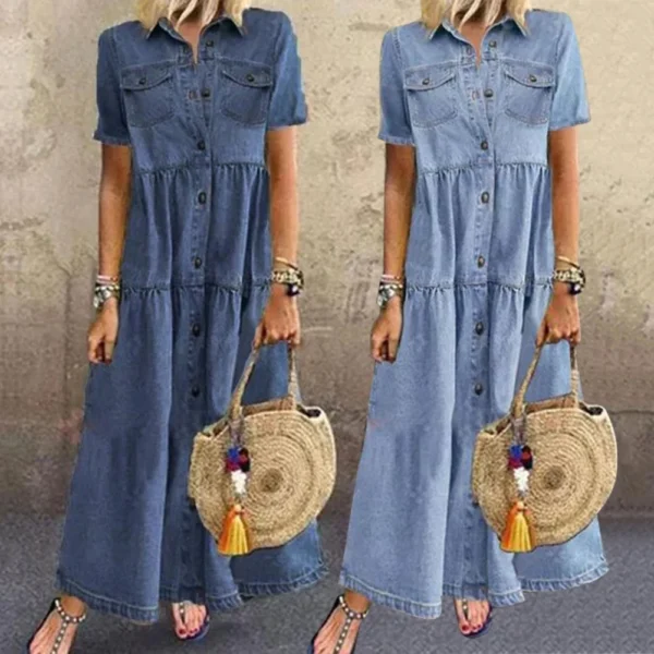 Retro Women Dresses 2022 Short Sleeve Turn Down Collar Pockets Button Long Loose Denim Dress Summer Long Dress - Imagen 2