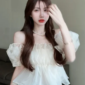 2025 New Style Square Neck Shirt Women Summer Mesh Puff Sleeve One Shoulder Ruffle Crop Blouse Female