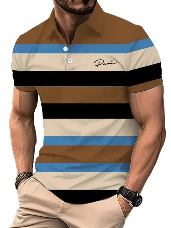 Classic Men's Polo Shirt With Striped Graphic Print Outdoor Casual Short Sleeve Button Top Male Oversized Clothing Golf Polo - Imagen 2