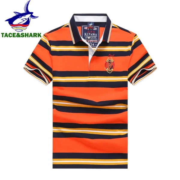 TACE&SHARK High-Quality Men's Polo Shirt - Comfortable Striped Design in Blue and Orange for Casual and Sporty Style Polo Homme