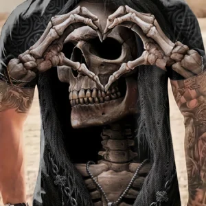 Men's Casual T-Shirt, Gothic Skull Heart Hands Graphic Black Short Sleeve Crew Neck Tee Cool Streetwear Halloween Fashion Top