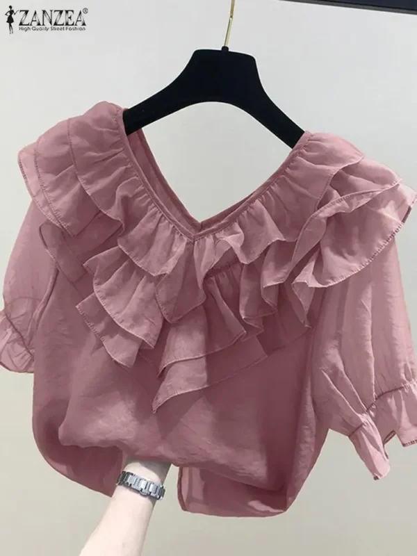 ZANZEA Women Solid Ruffle Blouse Vintage 3/4 Sleeve V-Neck Chemise 2024 Summer Office Chiffon Shirts Casual Loose Stitching Tops - Imagen 3