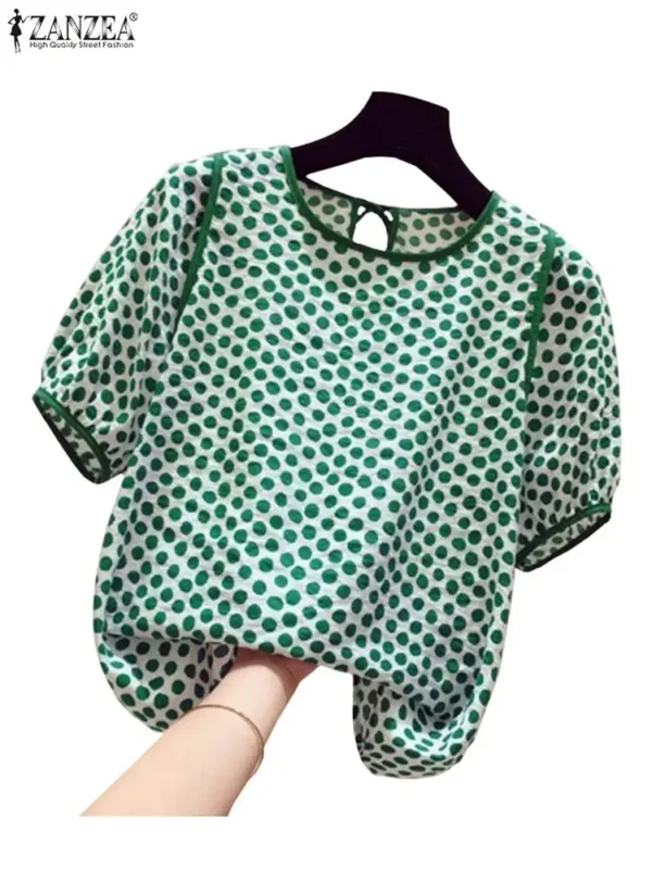 ZANZEA Casual Loose Women Blusas Mujer 2024 Summer Stylish Tied Back O Neck Puff Sleeve Tunic Tops Polka Dot Elegant Blouses - Imagen 5
