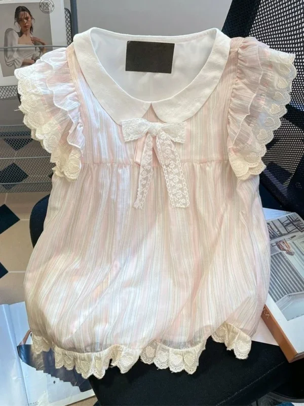 Zoki Women Cute Striped Shirt Vintage Sweet Lace Bow Flying Sleeve Kawaii Blouse Casual Summer Peter Pan Collar Lady Design Tops