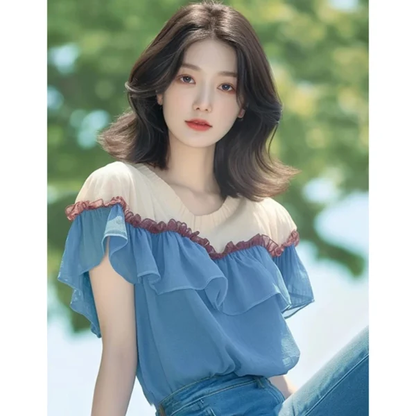 Fashion V-Neck Spliced Sweet Ruffles Blouses Female Clothing 2025 Summer New Loose Korean Pullovers Tops All-match Shirts - Imagen 3