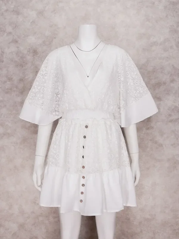 White Lace Tunic Sexy Deep V Neck Button Bikini Cover-ups Women Clothes 2025 Summer Sexy Ruffles Long Sleeves Mini Dress A1132 - Imagen 5