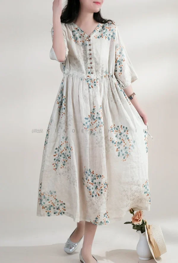 Summer Dress Women 2025 Long Print Elegant Clothing Vintage Elastic Waist Korean Beach Style V-Neck Fashion Robe Ropa De Mujer - Imagen 4