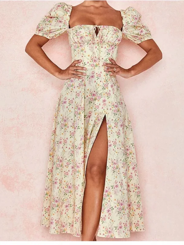 Women Floral Print Long Dress Summer Chic Short Sleeve Square Collar Split A Line Party Sundress Ladies Holiday Beach Vestidos - Imagen 6