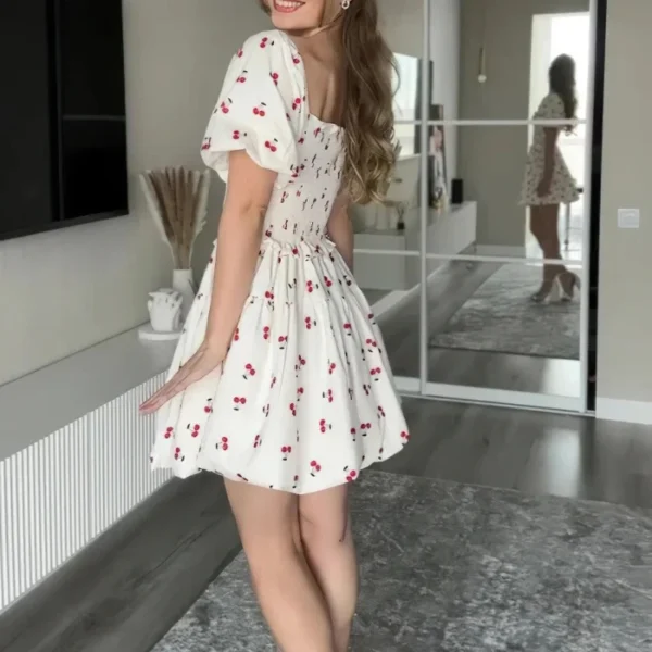 Traf 2025 Spring/Summer White Cherry Printed Bubble Short Sleeve Dress, Sexy Off Shoulder Knee, Daily Casual Versatile Dress - Imagen 2