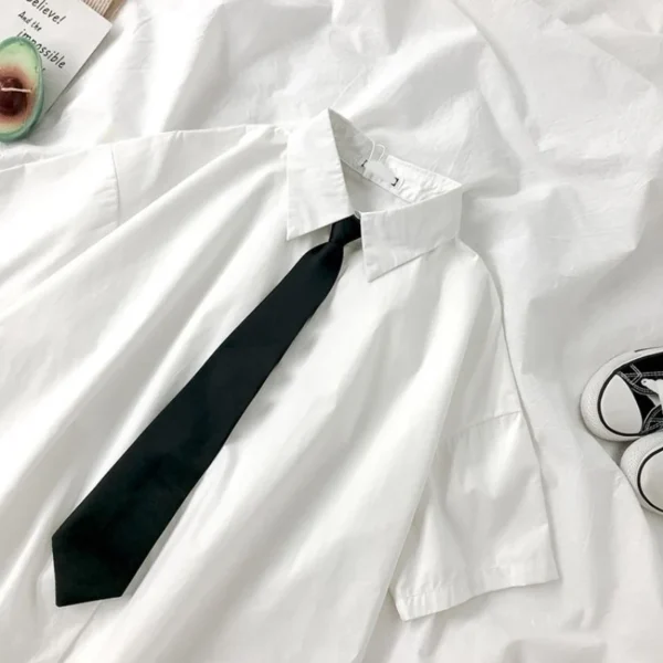 White Shirts Women Fashion Black Tie Japan Style Preppy Students JK Girls Blouse Simple Solid Loose Summer Button Up Tops New - Imagen 6