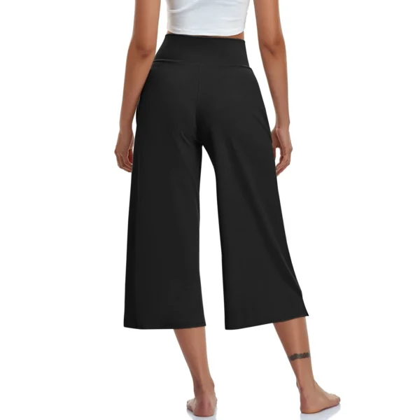 2024 Spring and Summer Women Elastic High Waist 3/4 Pant Solid Casual Active Fit Wide Capris Leg Pants Trousers With Pockets - Imagen 2