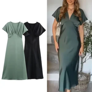 TRAFZA Women Elegant Solid Satin Dress Sexy V Neck Short Sleeve Midi Dress 2025 New Fashion Summer Lady Holidays Party Dress
