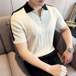 Men Knitted Polo Shirt British Style Summer Light Thin Short Sleeved Daily Wear Top Casual Striped Lapel T Shirt Men Clothing