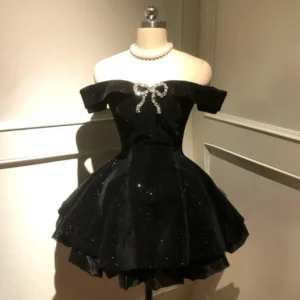 Summer French Elegant Bow Dress Women Gothic Black Vintage Mini Dress Sweet Fashion Off Shoulder Slim Fit Chic Party Outfits New