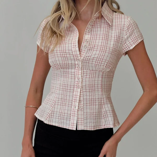 hirigin Women's Y2K Short Sleeve Plaid Button Down Shirt Button Down Blouses Tops Casual Summer Shirt Tops 90s Streetwear - Imagen 4