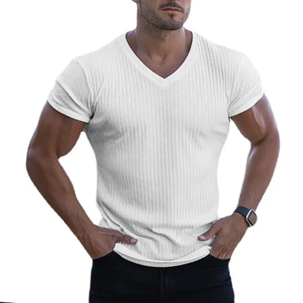 Mens V Neck Short Sleeve T Shirt Fitness Slim Fit Sports T-shirt Solid Fashion Strips Tees Tops Summer Knitted Gym Clothing - Imagen 4