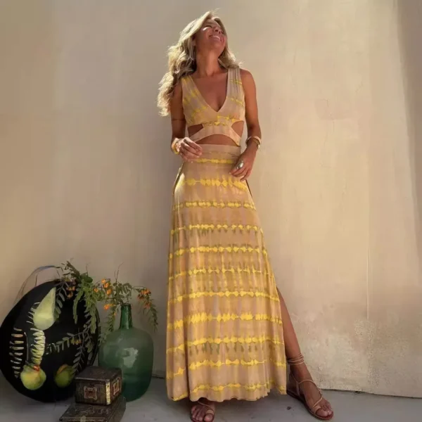 Women Printed Sleeveless Hollow Out Sexy Slim Skinny Long Dress Summer V Neck Dress - Imagen 2