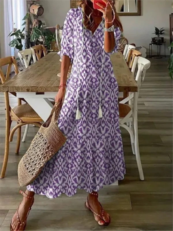 2024 Women Vintage Print Bohemian Dress Summer Fashion V Neck Half Sleeves Long Dresses Female Casual Holiday Beach Dresses - Imagen 4