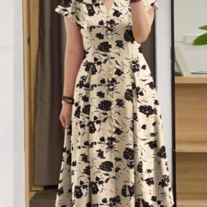 ZANZEA Woman Summer Midi Dress Fashion Floral Print Ruffle Cap Sleeves V-neck A-line Vestidos Casual Fitted-waist Party Sundress