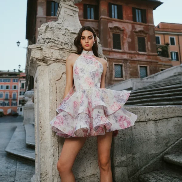 Chic Floral Printed Mini Dress Backless Sleeveless Hem Stacking Dresses Sweet A Line Vestidos 2025 New Lady Party Club Clothing