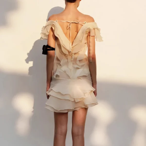 VGH Sexy Short Dress For Women Slash Neck Off The Shoulder Sleeve Backless High Waist Spliced Ruffles Dresses Female Fashion New - Imagen 4