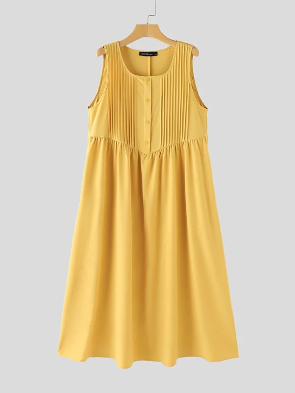 ZANZEA 2024 Summer Holiday Long Dress Solid Sleeveless Pleated Vestidos Korean Fashion Loose Sundress Casual Beach Tank Dresses - Imagen 5