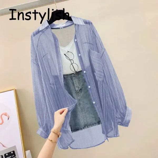 Women Elegant Long Sleeve Perspective Sheer Sunscreen Chiffon Blouse Korean Fashion Loose Shirt Women Summer Beach Cardigans - Imagen 2