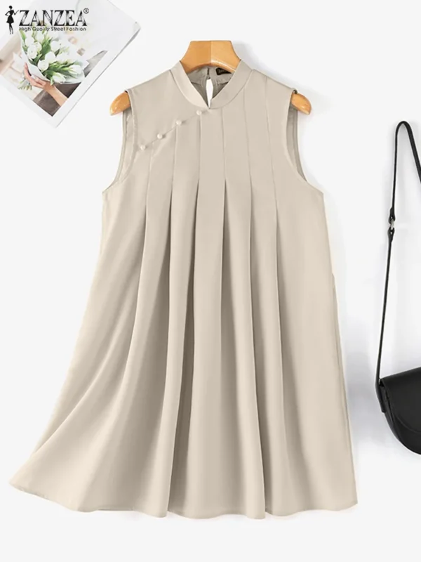 ZANZEA Elegant Sleeveless A-line Vestidos 2024 New Chinese Dress Women Pleating Party Dress Vintage Fashion Mandarin Collar Robe - Imagen 5