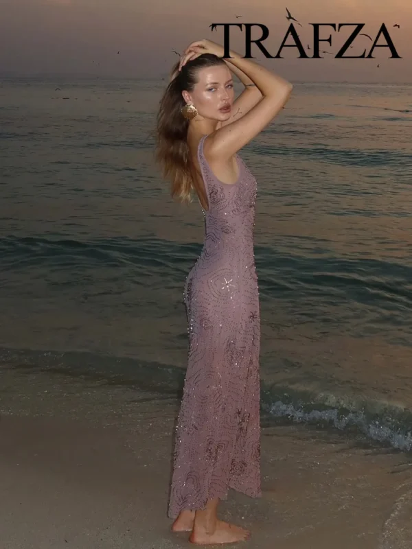TRAFZA Women Fashion Sexy Deep V-Neck Sleeveless Backless Midi Dress Woman Summer Beaded Decoration Hem Translucent Party Dress - Imagen 5