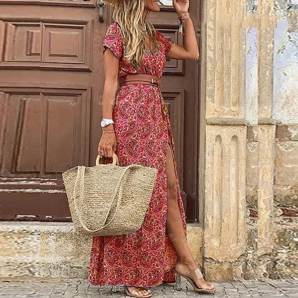 2024 Summer Bohemian Women's Long Dress V Neck Short Sleeve Floral Printed Beach Elegant Vintage Dress with Belt - Imagen 5
