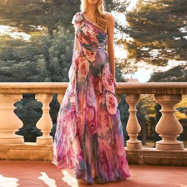 Sexy Summer Party Dress Women Fashion Bow Straps High Waist Pleated Beach Dress Chiffon Casual Floral Print Bohemian Long Dress - Imagen 2