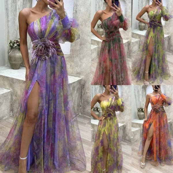 Women New Party Mesh Sloping Shoulder Dress Casual Fashion Sexy High Waist Long Maxi Loose Dress