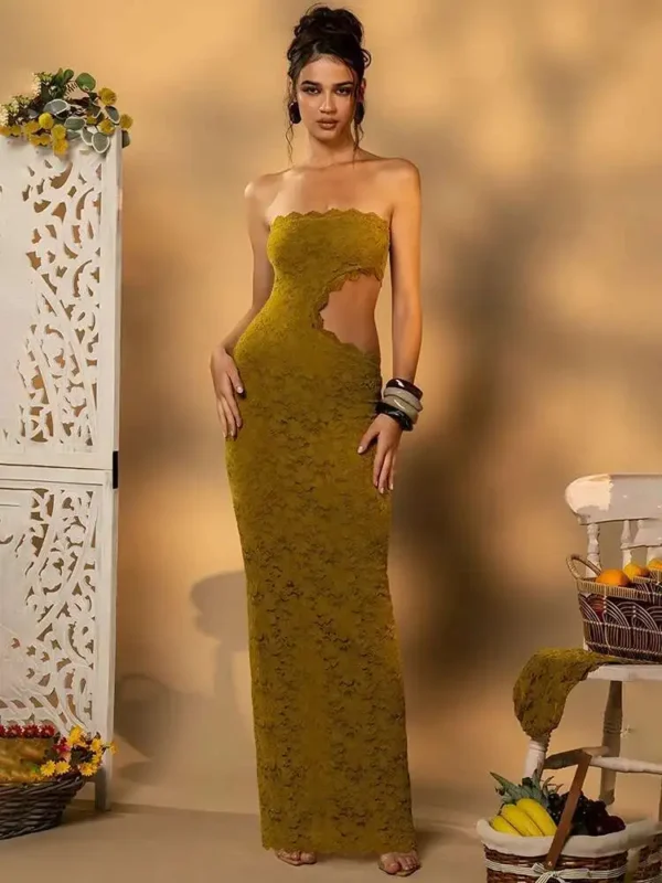 Blifanbo Backless Sexy Off-shoulder Maxi Dress Women Lace Sleeveless Strapless Hollow Out Skinny Club Party Long Dress Elegant - Imagen 6